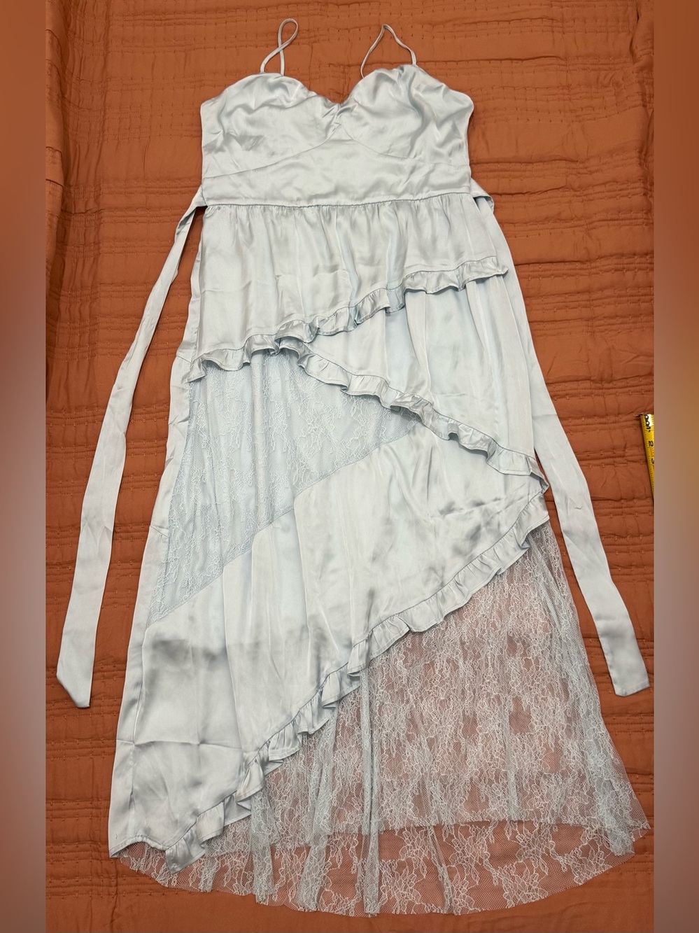 Francesca’s Lora Satin Ruffle Tiered Maxi Dress XL, soft light blue. With tags